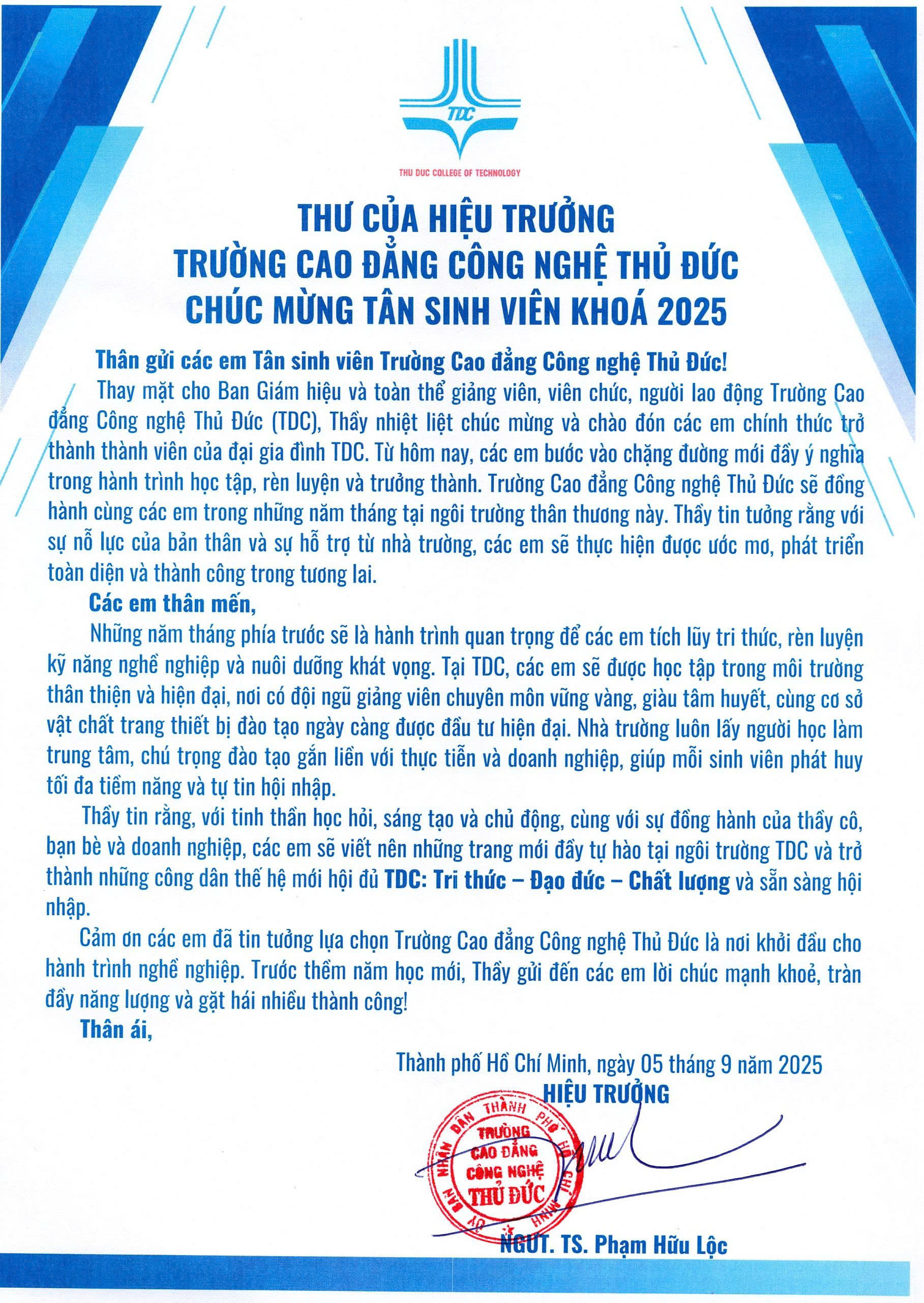 Thư chúc mừng Tân sinh viên Khóa 2025 từ Hiệu trưởng Trường Cao đẳng Công nghệ Thủ Đức